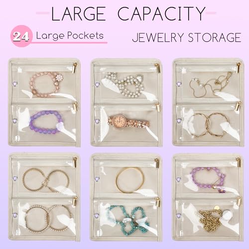 Travel Jewelry Organizer Case,Small Jewelry Bags for Traveling, Jewelry Binder with 24 Pcs Clear Zipper Velvet Pouches (Pink) - color: Pink