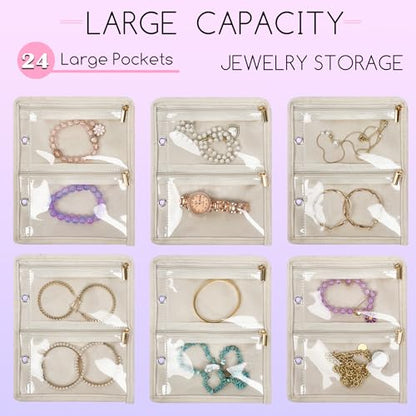 Travel Jewelry Organizer Case,Small Jewelry Bags for Traveling, Jewelry Binder with 24 Pcs Clear Zipper Velvet Pouches (Pink) - color: Pink