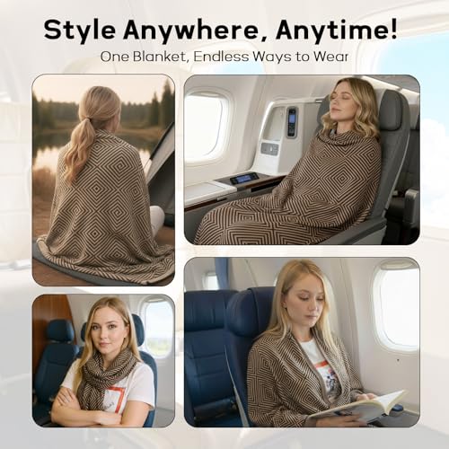 Travel Blanket Airplane - Ultra Soft & Lightweight Knit Design Compact Airplane Blanket,53x72 Inch,Stylish Travel Shawl Wraps for Flights,Office,Home Use,Travel Essentials & Gifts - color: Brown