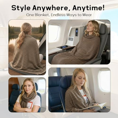 Travel Blanket Airplane - Ultra Soft & Lightweight Knit Design Compact Airplane Blanket,53x72 Inch,Stylish Travel Shawl Wraps for Flights,Office,Home Use,Travel Essentials & Gifts - color: Brown