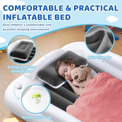 Inflatable Toddler Travel Bed - 60 Inches Portable Toddler Bed for Travel with Safety Sides - Cozy Kids Air Mattress Set with High-Speed Pump & Carry Case - Lightweight & Easy to Inflate -Grey - color: Grey