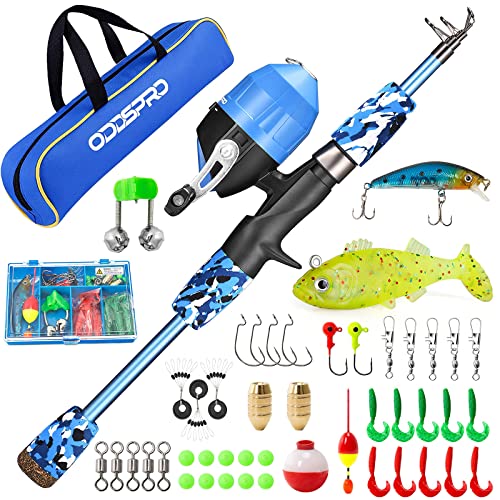 ODDSPRO Kids Fishing Pole Pink, Portable Telescopic Fishing Rod and Reel Combo Kit - with Spincast Fishing Reel Tackle Box for Girls, Youth - color: Blue, size: 3.94 ft