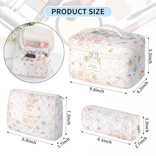 senbowe Floral Makeup Bag, 3 Pack Large Cotton Quilted Makeup Bag Set, Cute Floral Coquette Aesthetic Toiletry Bag Make Up Cosmetic Bag for Women, Toiletry Travel Make Up Organizer Bag - color: Pink Flower