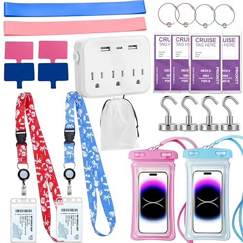 Cruise Essentials 2026, 20PCS Complete Cruise Must Haves Kit with Non-Surge Power Strip, Cruise Lanyards, Phone Pouch, Magnetic Hook, Luggage Tag, Towel Bands, Storage Bag for All Cruise Lines - size: 20pcs Cruise Essentials Kit