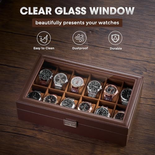 ProCase 12 Slot Watch Case Box for Men, PU leather Man Watch Organizer with Soft Pillow, Lockable Watch Collection Storage Holder with Glass Display Lid, Fathers Day Gift for Dad -Espresso - color: Espresso, size: 12-Slot