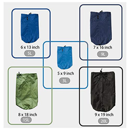 Frelaxy Stuff Sack Set 5-Pack (3L&5L&9L&15L&20L), Ultralight Ditty Bags with Dust Flap for Traveling Hiking Backpacking (Sky Blue&Blue&Navy&Army Green&Black) - color: Sky Blue&Blue&Navy&Army Green&Black
