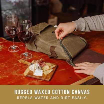 PICNIC TIME 2 Bottle Insulated Wine Bag with Cheese Board and Knife Set - Wine Picnic Bag - Distressed Waxed Canvas Wine Tote, (Khaki Green with Brown Accents) - color: Khaki Green With Brown Accents