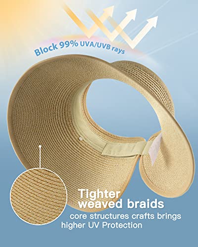 FURTALK Sun Hats for Women Wide Brim Beach Hat Straw Visor Ponytail Summer UV Packable Foldable Beach Vacation Essentials - color: Beige Khaki Mix