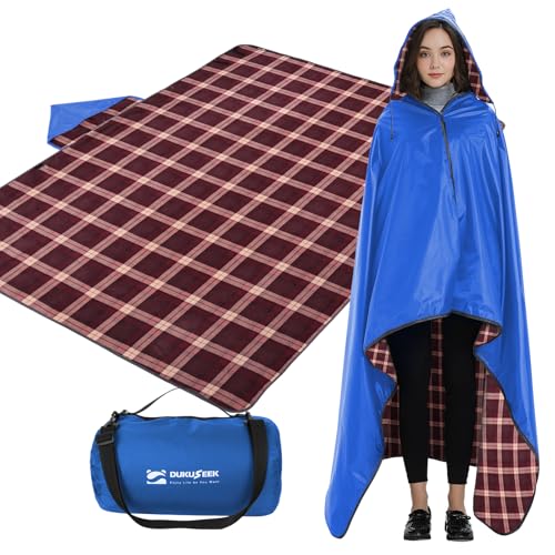 DUKUSEEK Waterproof Stadium Blanket with Hood, Wine Red Plain Waterproof Outdoor Blankets - color: Dark-blue-red-plaid