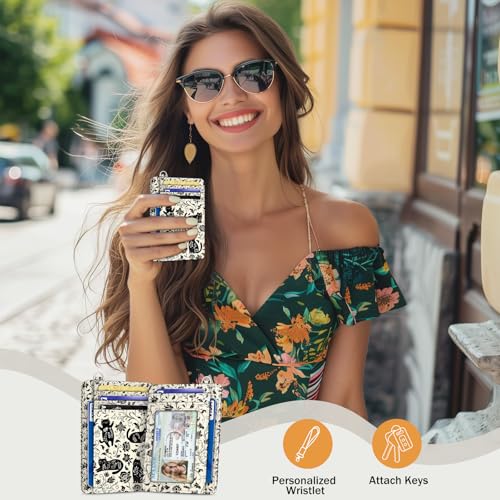 Yonlevres Card Holder Small Wallet Women, Black Cat Flowers RFID Blocking Slim Cute Credit Card Wallet, Front Pocket Travel Thin ID Window PU Leather Mini Organizer Case Purse Gifts Woman Girls Ladies - color: Cat Floral
