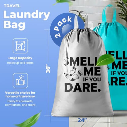 Extra Large Travel Laundry Bag - 2-Pack Fun Print Design Bags for Dirty Clothes - Durable Water-Resistant Fabric - Sturdy Drawstring Closure (Teal-Grey | Smell Me If You Dare) - color: Teal-grey | Smell Me