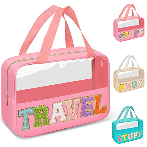 Preppy Clear Travel Makeup Bags with Chenille Letter Patches, Travel Essentials Large Clear Make up Bag Zipper Pouch with Handle, Waterproof Nylon Cosmetic Toiletry Storage Tote for Women(TRAVEL-Pink) - color: TRAVEL-Pink