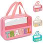 Preppy Clear Travel Makeup Bags with Chenille Letter Patches, Travel Essentials Large Clear Make up Bag Zipper Pouch with Handle, Waterproof Nylon Cosmetic Toiletry Storage Tote for Women(TRAVEL-Pink) - color: TRAVEL-Pink
