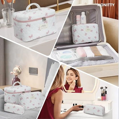 honitty Makeup Bag,Quilted Cosmetic Bag,Large Floral Make Up Bag for Women,Cotton Makeup Bag Set,Flower Travel Toiletry Bag - color: Bow Tie