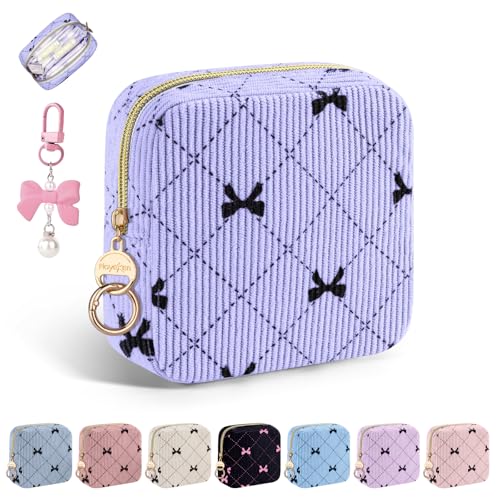 Period Bag for Teen Girls, Corduroy Cute Sanitary Napkin Storage Bag, Menstrual Pad Pouches Tampon Holder for Purse (Light Purple-Bow Tie) - color: Bow Tie-light Purple