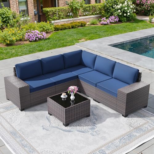 6 PCS Outdoor Patio Furniture Set,Outdoor Sectional Furniture All Weather PE Rattan Wicker Patio Conversation Set with Coffee Table and 5 Thickened Cushions,Navy Blue - color: Navy Blue, size: 6 High Backrest Sofa