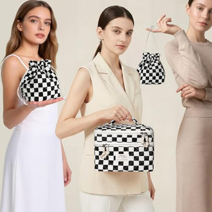 Gosect Makeup Bag, Quilted Cosmetic Bag Set, Drawstring Makeup Bag with Canvas Lining, Large Floral Toiletry Bag for Women Girls, Cute Cotton Flower Travel Organizer Bag (Checkered Pattern - color: Checkered Pattern