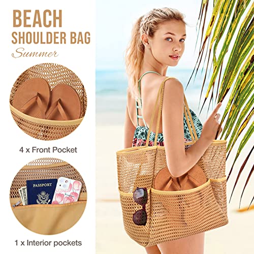 KPX Beach Bag with Mini Pocket, Summer Beach Tote Bags for Women Large Foldable Mesh Swimming Pool Travel Bags - Sandproof - color: Khaki