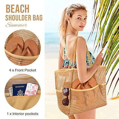 KPX Beach Bag with Mini Pocket, Summer Beach Tote Bags for Women Large Foldable Mesh Swimming Pool Travel Bags - Sandproof - color: Khaki