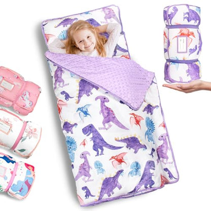 Primlect Thickened Toddler Nap Mat with Removable Pillow and Minky Blanket, Extra Large 55''x35'' Sleeping Bag, Washable, Roll up, Perfect for Daycare, Preschool, Kindergarten, Boys and Girls Dinosaur - color: purple