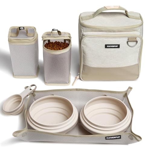 Cleverpup, Large 7-Piece Bistro Box Dog Food Travel Kit, 12-Cup Kibble Storage, 2 Silicone Bowls, Mat & Scoop - Premium Portable Pet Food Kit for Weekends, Overnights, Daycare & Camping, Sand - color: Sand, size: Large