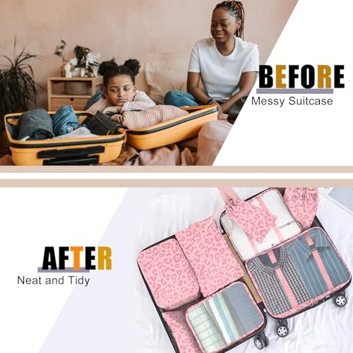 Packing Cubes for Travel - 8 Set Luggage Organizer Bags for Family, Mesh Breathable Packing Cubes for Suitcases Durable Travel Essentials Bags Set - color: Pink Leopard