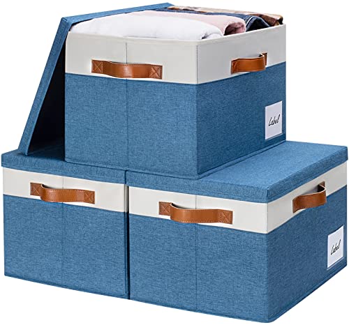 GhvyenntteS Fabric Storage Bins with Lids (3 Pack), Large Closet Storage Baskets with Lid and 3 PU Handles, Foldable Fabric Storage Boxes with Label Window for Home Office (Blue, 15" x 11" x 9.7") - color: Blue with White, size: Large-3 Pack
