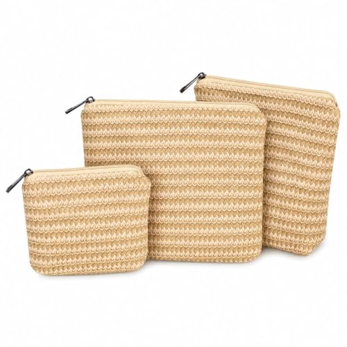 Purse Organizer Pouches, 3 Pack Small Makeup Bags for Purse, PP Straw Makeup Pouch Set, Travel Essentials Pouches, Zipper Organizer Bags for Totes and Handbags - color: Natural/PP Straw
