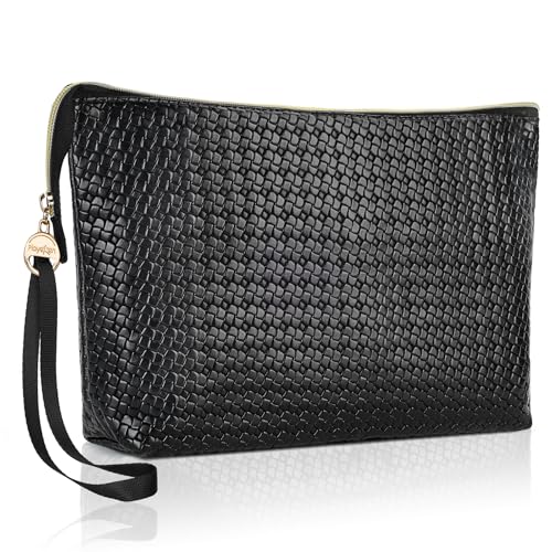 Large Makeup Bag with Wrist Strap, PU Leather Cosmetic Bag, Travel Toiletry Pouch for Women, Gifts for Mom/Sisters/Friends/Bridesmaid (Small Plaid) - color: Small Plaid-Large