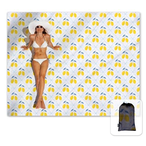Sunlit Large Beach Blanket Waterproof Sand Proof, 81" x106" Sand Free Mat with Corner Pockets and Storage Bag, for Travel Beach Camping Outdoor Festival, Chic Summer Accent Lemon Lattice