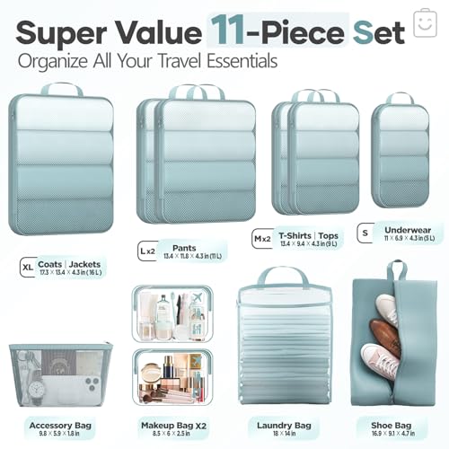 Veken 11-Pack Compression Packing Cubes for Travel Essentials,Compressible Expandable Large Luggage Suitcase Organizer Bags for Clothing,Durable Space Saver Bags with Toiletry Bags(Blue Gray) - color: Blue Gray, size: 11 set