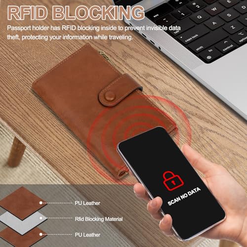 BKNOOU Rfid Blocking Passport Holder for Women and Men, Compact Travel Passport Wallet Leather Travel Wallet Trifold Clutch Wallet, Passport Cover Holds Cards, Tickets, Cash and Pen