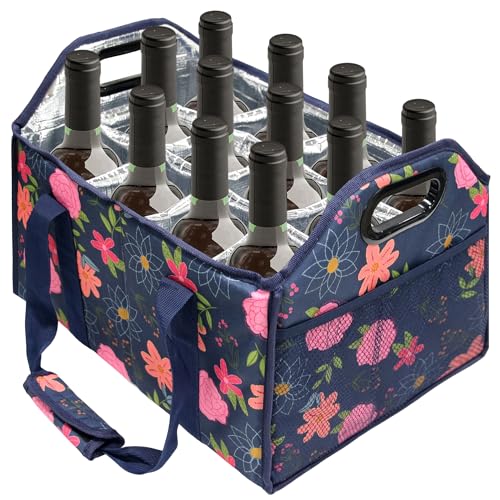 12 Bottle Wine Carrier Collapsible Bottle Caddy with Handles Storage Box for Travel Picnics Weddings Shopping Wine Tasting (Blue Floral) - color: Blue Floral