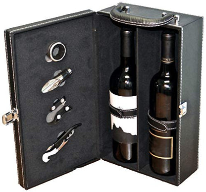 Lifestyle Top Handle Travel Two-Bottle Wine Carrier Case with 4 Piece Wine Accessory Set (Black) - color: Black
