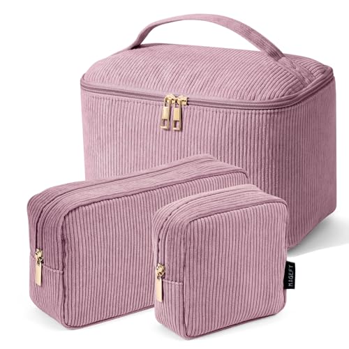 MAGEFY Small Makeup Bag for Purse Mini Cosmetics Bag Corduroy Cute Cosmetic Pouch for Women with Slip-in Pockets - color: Pink-3pcs