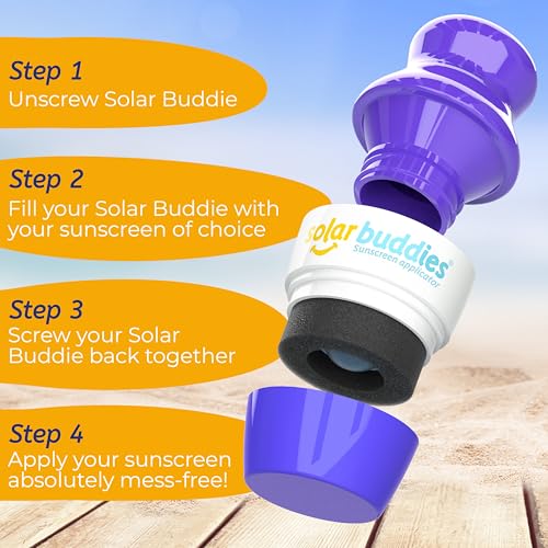 Solar Buddies Grab & Go Travel Bundle, Carabina Clip & Cleaning Brush - Single Full Purple - Refillable Roll on Sponge Sunscreen, Suncream & Lotion Applicator For Kids, Adults & Families - Holds 100ml - color: Purple Single
