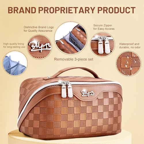 BOYATU Travel Makeup Bag Organizer: 3 Pcs Set Large Capacity Cosmetic Bags Holds 10–20 100ml Full-Size Bottles - 180°Open-Flat Make up Case 3-sec touch-up - Toiletry Bag Gift women (03-A-Brown) - color: 01-F-Brown