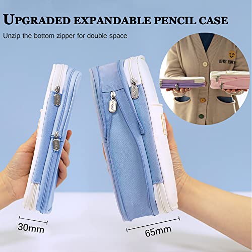 MAMUNU Large Capacity Pencil Case, Expandable Stationery Bag with Zipper Compartments, Aesthetic Pencil Case Pouch for Office College School Students Teen Girls Boys - color: LightBlue