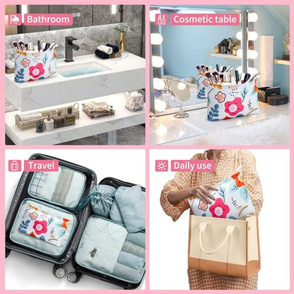 WLLWOO WLLWOO 2pcs Travel Make Up Bags-Cosmetic Bag Nylon Waterproof Large Wide Zipper Coin Purse Travel Toiletry Small Makeup Pouch For Women - color: Pink Cow