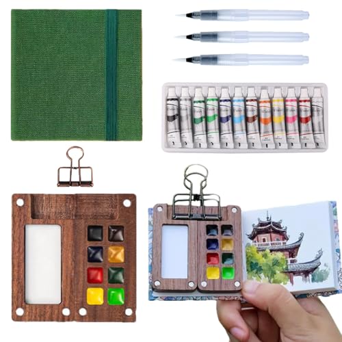 Aimery Mini Watercolor Paint Travel Set, Portable Pocket Size Water Color Painting Kit with Wooden Palette, Refillable Brush & Sketchbook(Pine Green) – Gift for Birthdays, Beginners, Art Lovers - style: Pine Green