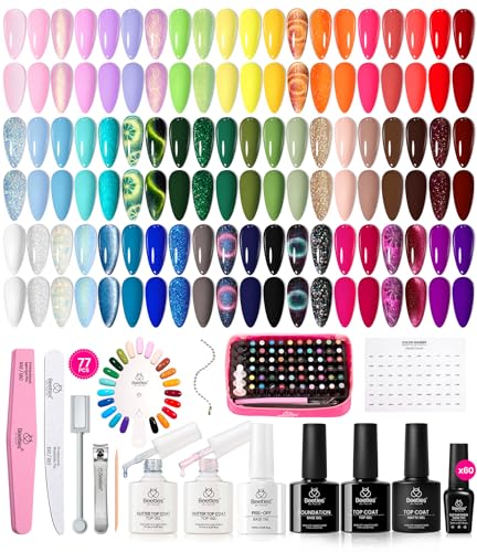Beetles Summer Gel Nail Polish Set, 60 Colors Cat Eye Gel Nail Kit with Base & Top Coat, Red Nude White Gel Polish Kit, 77 Pcs UV LED Soak Off DIY Nail Art Set for Home Salon Gifts for Women - color: 1- World Travel