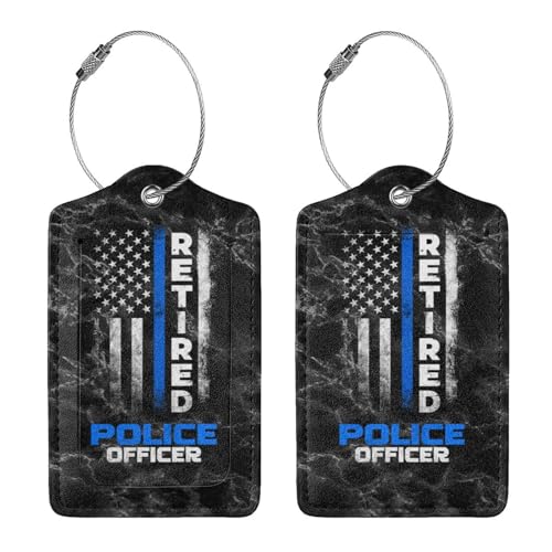 Retired Police Officer Thin Blue Set of 2 Durable Leather Luggage Tags Stylish Travel Gear Men Women