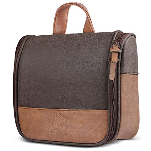 Hanging Toiletry Bag for Men VANCASE Vintage Leather Shaving Dopp Kit Medium Waterproof Travel Bathroom Bags Portable Shower Organizer - color: Brown Pattern