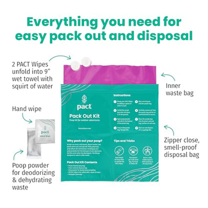 PACT Pack Out Kit - Camping Poop Kit Includes Wet Wipes, Smell Proof Disposal Bags, Hand Wipes, Poop Powder for Odor and Human Waste Bags for Camping and Backpacking