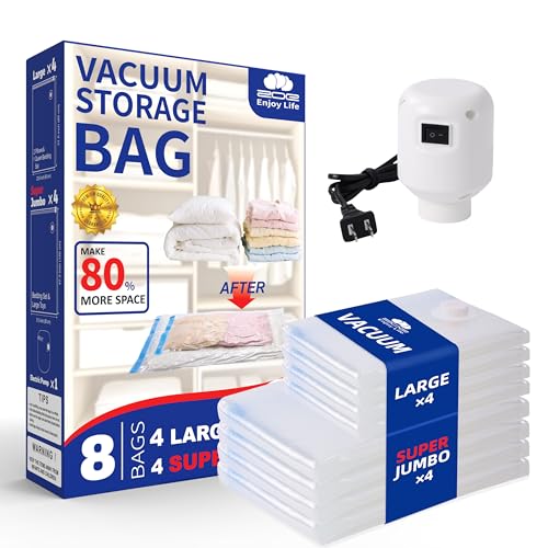 Vacuum Storage Bags with Electric Pump, 8 Pack | Stores Blankets & Comforters, Electric Pump Included, Reusable Compression Design, 4 Large & 4 Super Jumbo - size: 4 Large,4 Super Jumbo