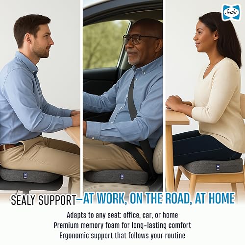 Sealy Memory Foam Seat Cushion for Car and Office Chairs Tailbone Pain Relief, Posture Support, and Comfort for Home Office Use