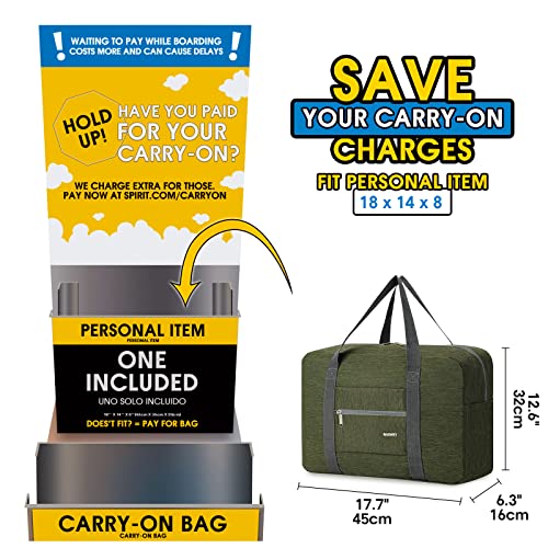 For Spirit Airlines Personal Item Bag Foldable Travel Duffel Bag Tote Carry on Luggage Duffle Overnight for Women and Men - color: 1112-Thick Series Army Green