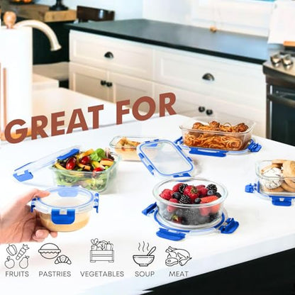 Razab 30 PC Glass Food Storage Containers with Lids - Reusable Glass Meal Prep Containers for Lunch and Leftovers - Airtight & Leakproof Snap Locking Lids - Oven, Freezer, Microwave, Dishwasher Safe - color: Blue