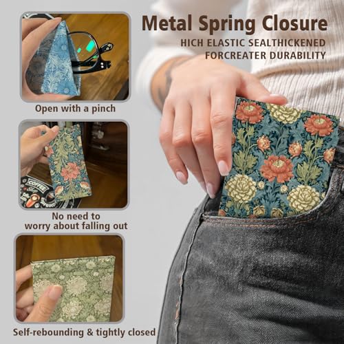 Eyeglasses Sunglasses Case PU Soft Squeeze Top Glasses Pouch for Women Men,Floral Pattern Portable Anti Scratch - color: Green
