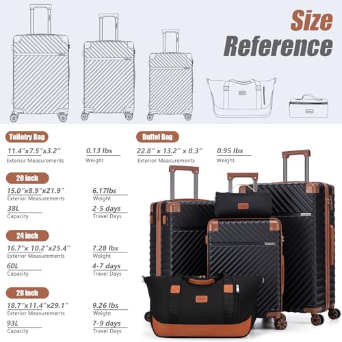 Cosbarn Luggage Sets 5 Piece with TSA Lock Spinner Wheels, Unisex Hard Case ABS Suitcase Set, Hardshell Lightweight Waterproof Travel Hardside Suitcases with Wheels for Women Men, Black - color: Black, size: 5 Piece Sets (20/24/28/Db/Tb)